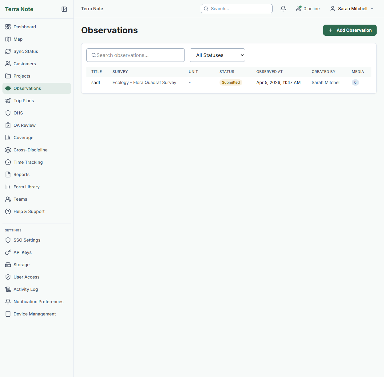 Observations list with QA review status indicators