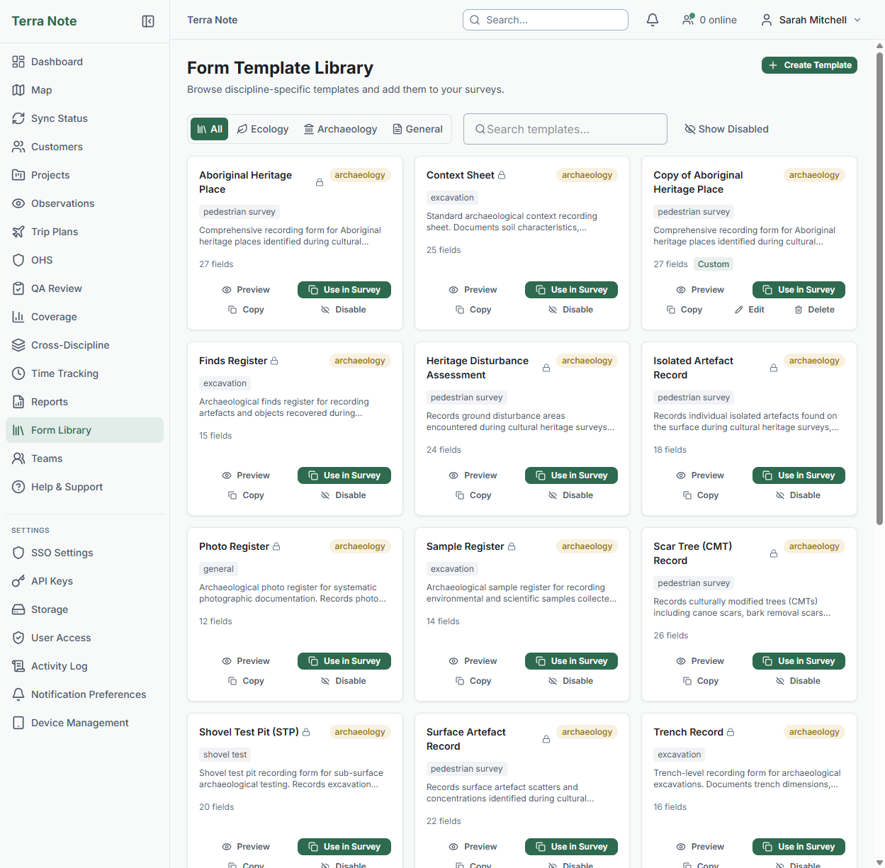 TerraSitu survey setup with form templates and GIS layers
